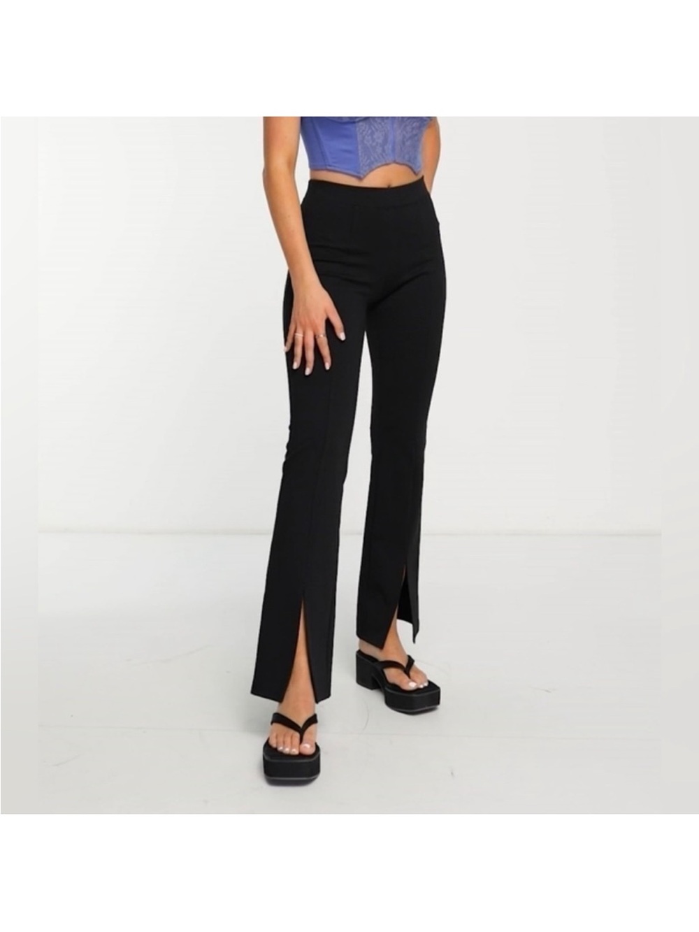 She + Sky Black Boot-Cut Split-Hem High-Waist Pants